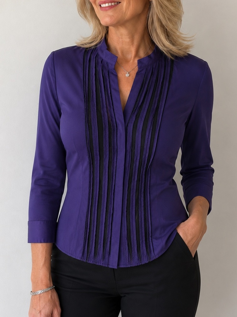 AKRIS Punto Pintuck Sheer Panel Button Blouse Purple Size 10